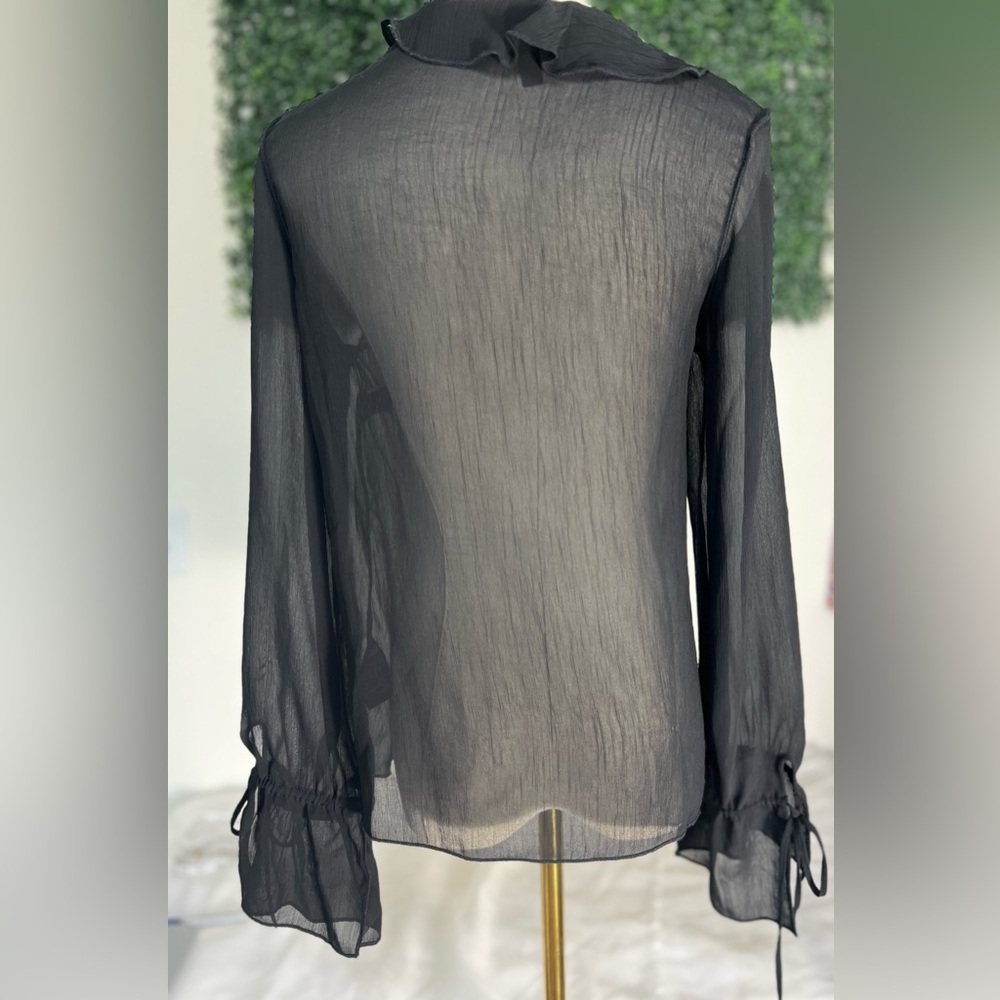 Y2K H And M Divided Sheer Black Ruffle Button Up Tie Front Whimsigoth Top Small - Picture 6 of 12